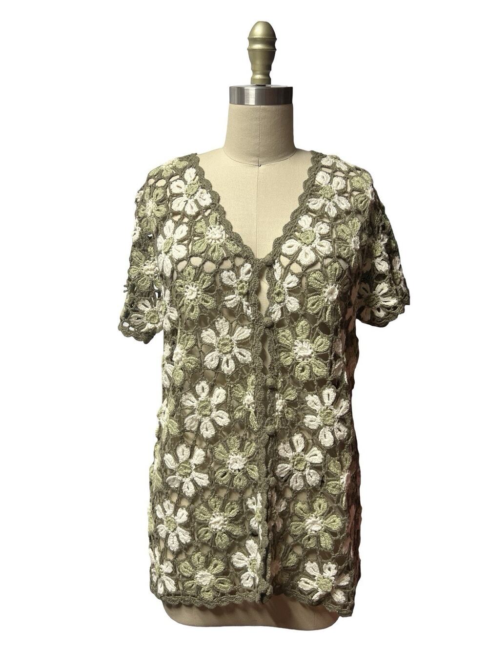 Vtg White Stag Floral Crochet Button Up Top Women’s L Cottagecore Cardigan Boho